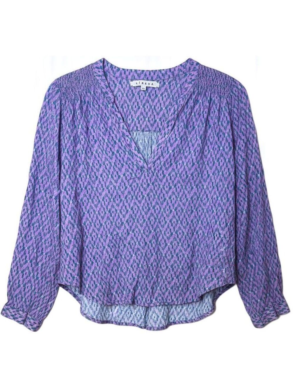 Xirena Purple Ikat Diamond Smocked V-Neck Cotton Blouse XS Boho Long Sleeve